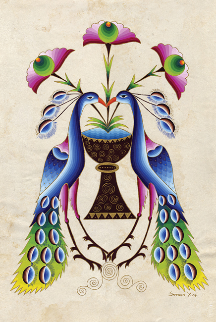 Peacocks with Flowers