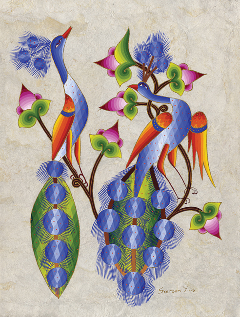 Peacocks on Fuchsia Seeds